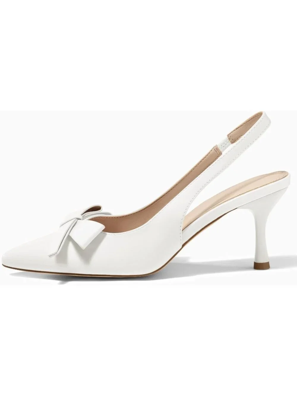 Women's White Slingback Kitten Heels Bow Closed Pointed Toe Pumps Slip on Shoes